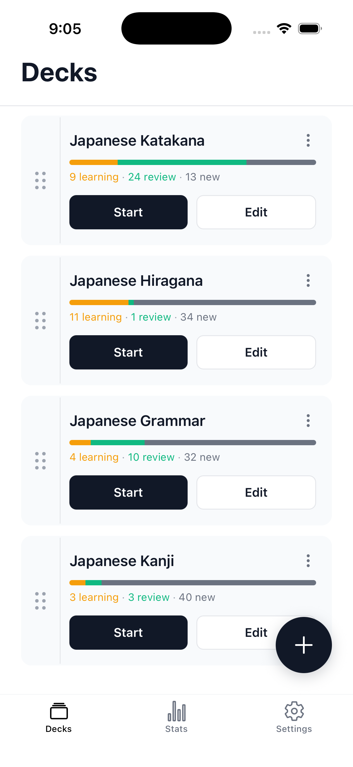 Decks app showing a list of flashcard decks with study progress