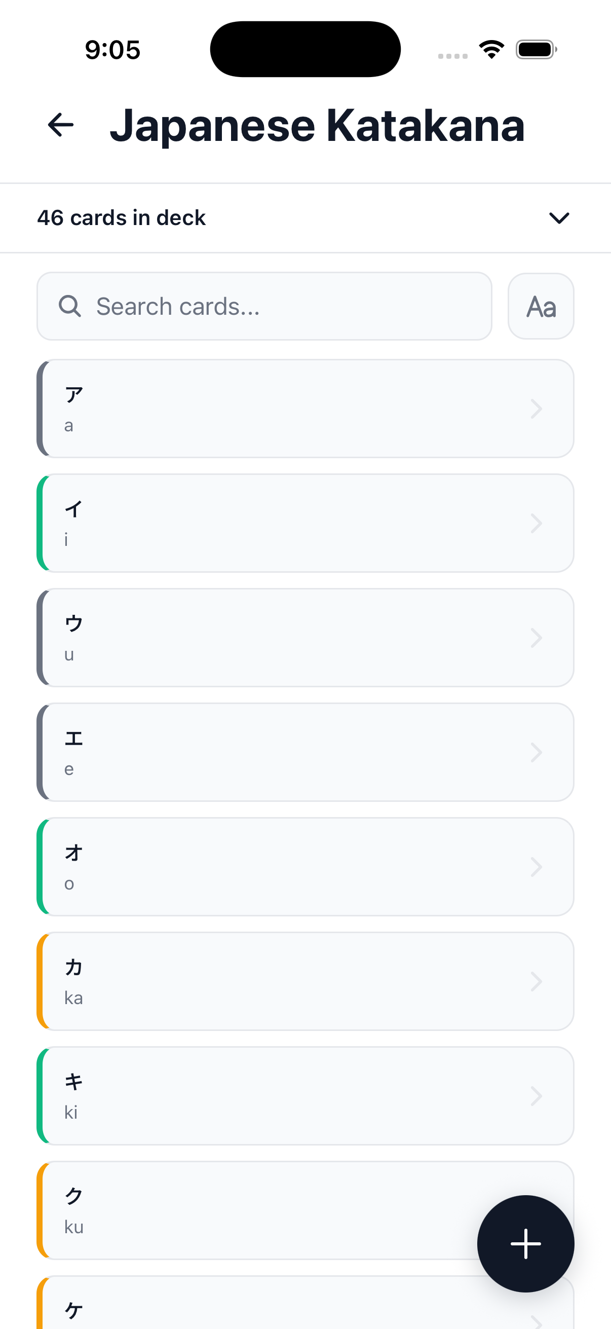 Searchable card list color-coded by study state